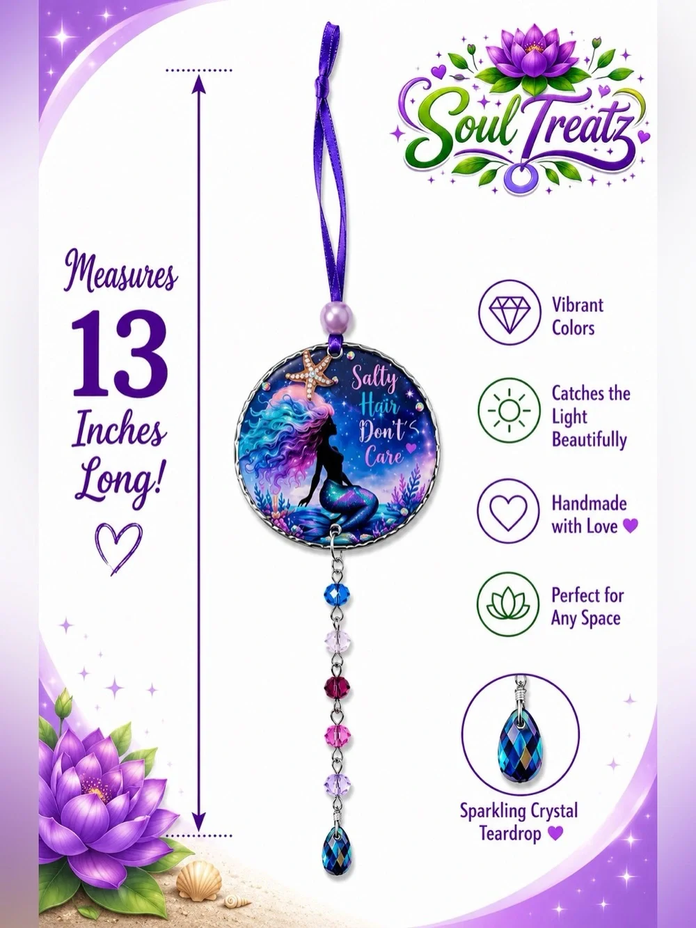 Decoupage Mermaid 'Salty Hair Don't Care' Purple & Blue Crystal Suncatcher